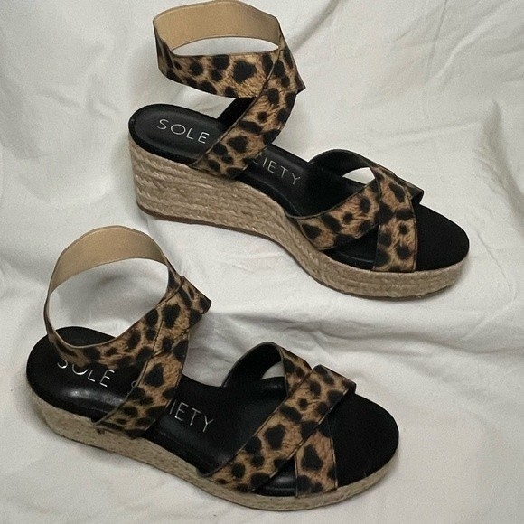 Sole Society Carmelina Leopard Print Espadrille Boho Wedge Sandals Size 6M - Picture 2 of 7